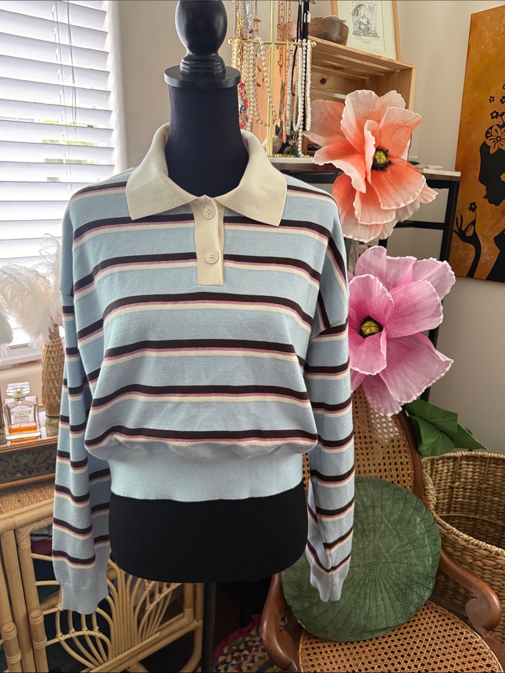 Aqua Baby Blue Neapolitan Stripe Kit Long Sleeve Popover Rugby Polo Sweater Top